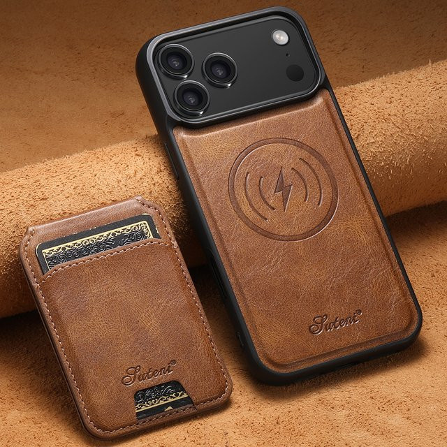 SUTENI Handyhülle aus Kunstleder mit kabellosem Laden, Magnet-Kartenhalter und Ständer für iPhone 17 Pro Max, 16 Plus, 15, 14, 13 in Schwarz und Braun - Bild 1