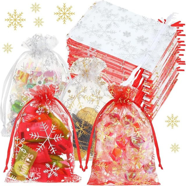 Rote Organza Geschenkbeutel mit Schneeflocken-Print und Kordelzug für Weihnachten und Partys - Bild 1