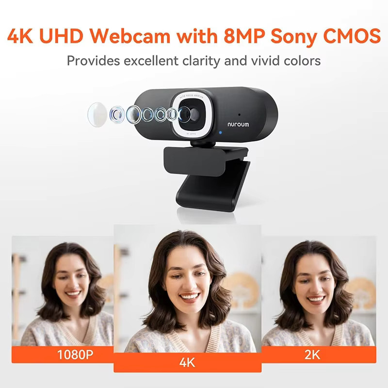 NUROUM V32AFL 4K UHD Webcam mit Mikrofon, Autofokus, Auto-Framing und Ringlicht in Schwarz für PC, Laptop und Desktop via USB - Bild 4