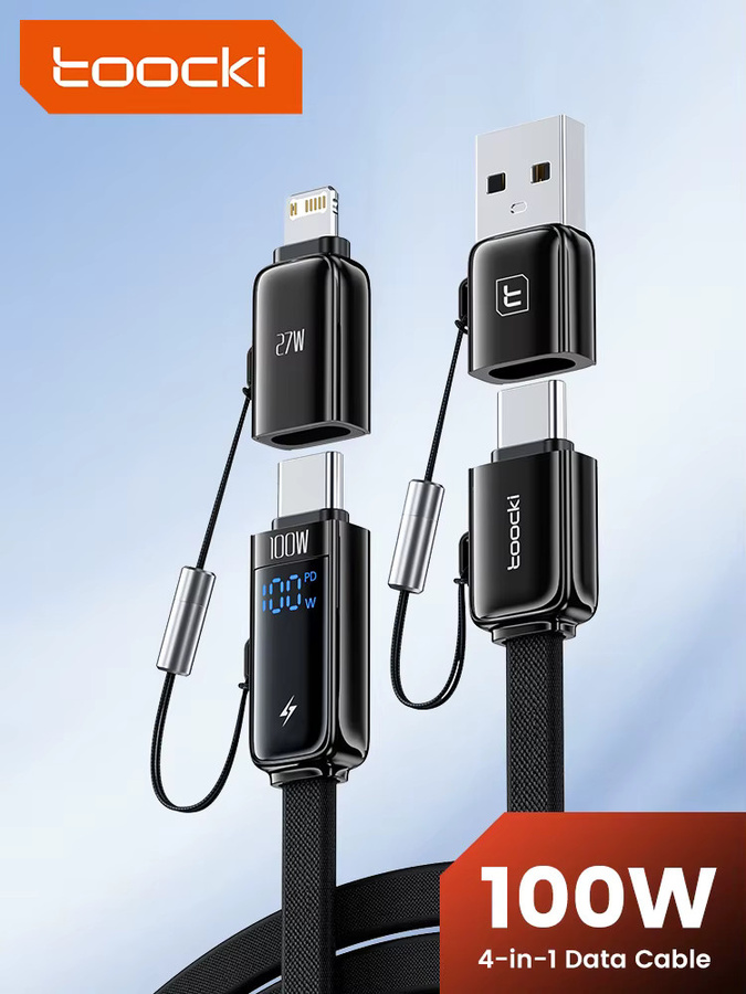 Toocki 4-in-1 USB-C auf Lightning Ladekabel mit LED-Licht, 100W Schnellladefunktion, Schwarz, Länge: 1,2 m - Bild 6