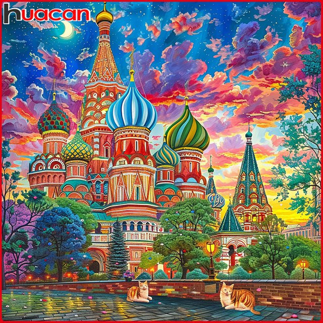 Huacan 5D DIY Diamantmalerei Landschaft mit Katze und Kirche bei Sonnenuntergang, Dekorative Diamantstickerei in Mehrfarbig, B/H: 20 x 20 cm - Bild 1