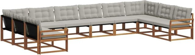 vidaXL Outdoor-Sofagarnitur aus massivem Akazienholz mit Kissen, 10-teiliges Set, Natur und Hellgrau - Bild 1