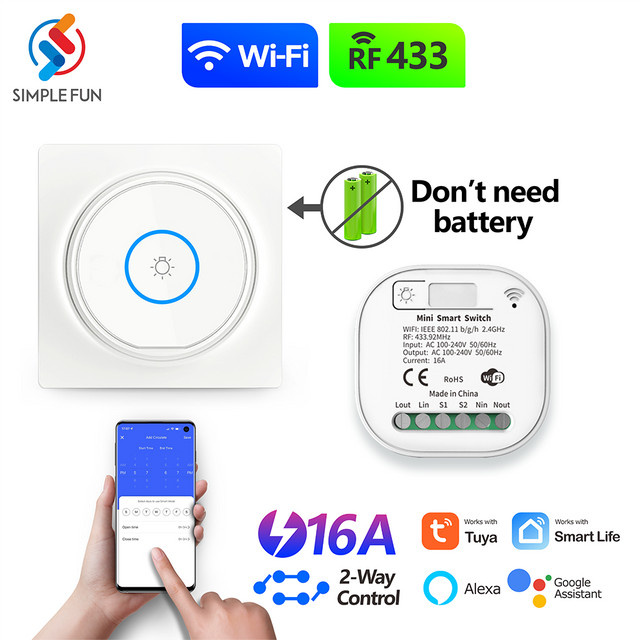 Tuya Smart WiFi RF Lichtschalter mit Alexa Steuerung, Drahtlose Wandfernbedienung in Weiß, Selbstversorgt ohne zusätzliche Verkabelung, 2-Wege Wandpanel - Bild 1