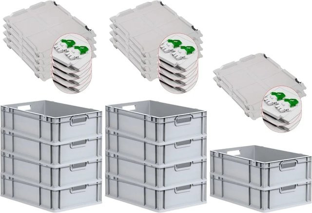 PROREGAL SuperSparSet 10x Eurobox NextGen Grip mit Scharnierdeckel und grünen Schiebeschnappverschlüssen, Grau, H x B x T: 17 x 40 x 60 cm - Bild 1