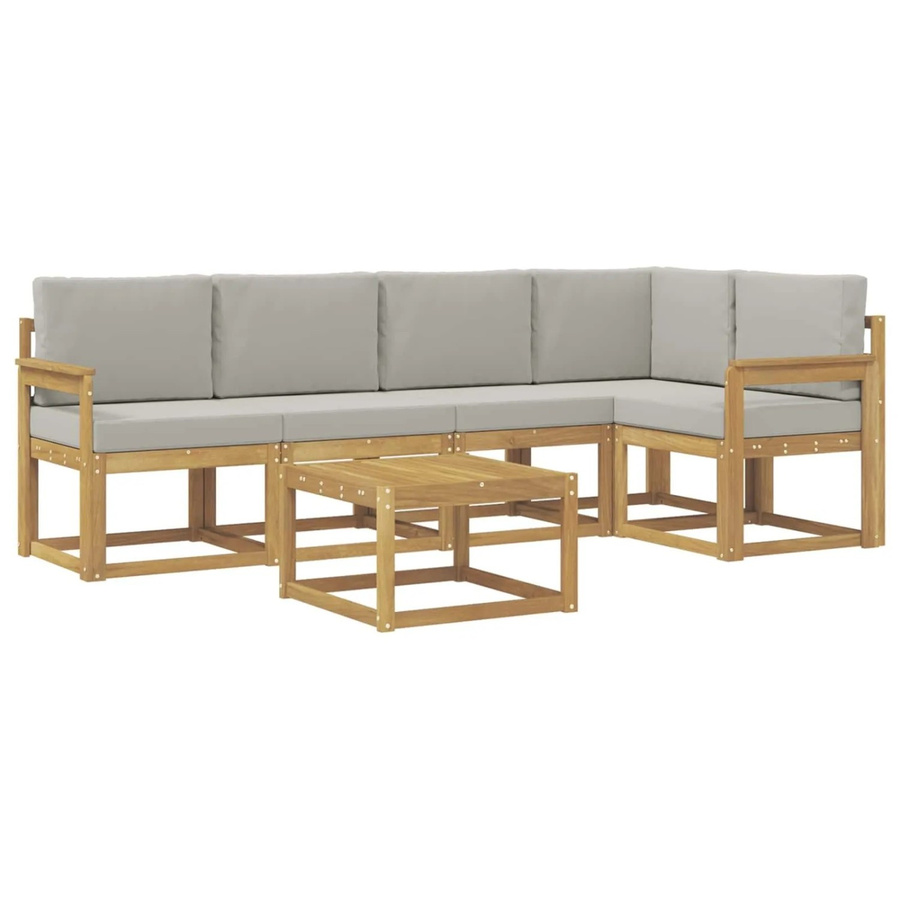 vidaXL Outdoor-Sofagarnitur 6-teilig in L-Form aus massivem Akazienholz mit Polsterkissen in Weiß und Hellgrau - Bild 2