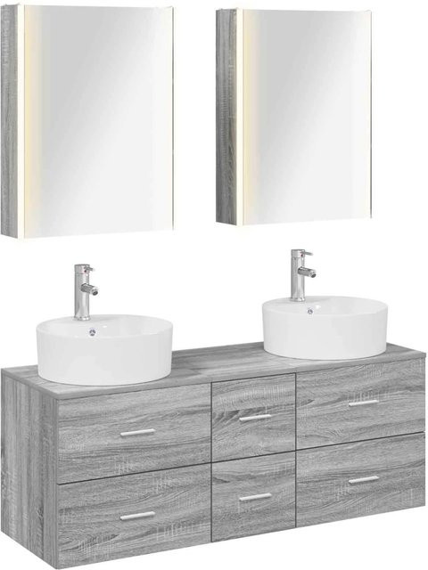 vidaXL Badezimmermöbel-Set in Grau, modern gestaltet aus Holz und Glas mit LED-Beleuchtung und Spiegelschrank sowie Waschtischunterschrank, wandmontiert - Bild 1