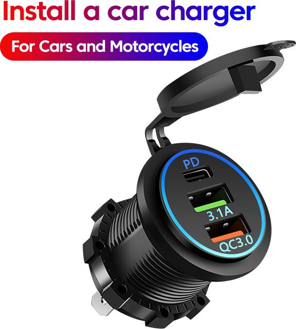 Wasserdichtes Dual USB Typ-C Ladegerät für Motorrad und Auto mit QC3.0 und 12V-24V Voltmeter in Schwarz - Bild 1
