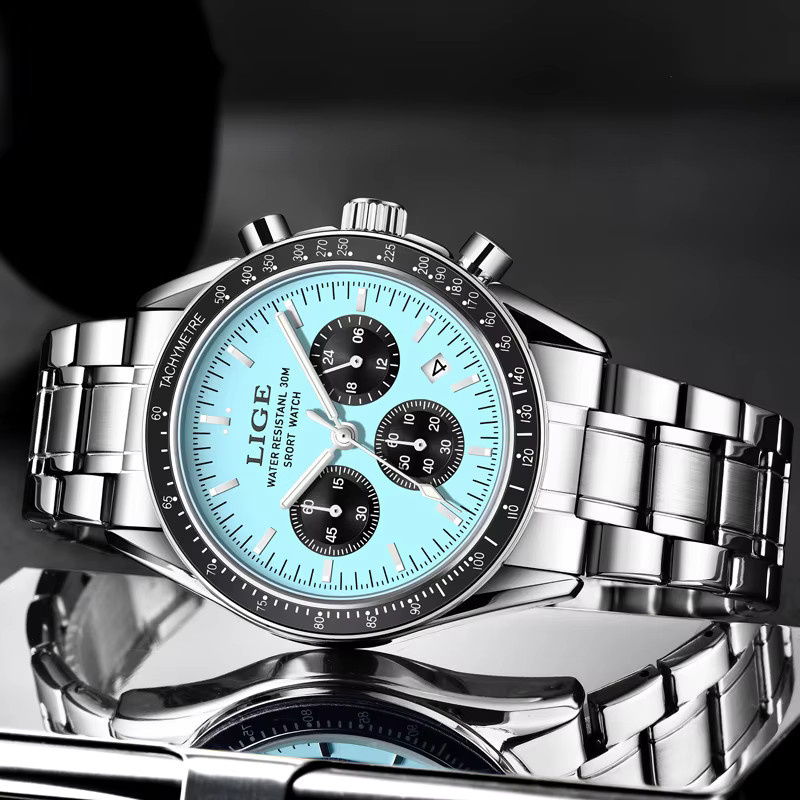 LIGE Armbanduhr, Quarz, Chronograph, Edelstahl, Blau, Gold, Herren - Bild 6