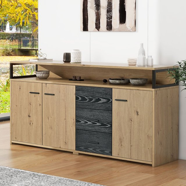 Aosom Sideboard im Industrial Design mit 3 Türen und 3 Schubladen, Schwarz und Natur, B/T/H: 150 x 35 x 75,9 cm - Bild 1