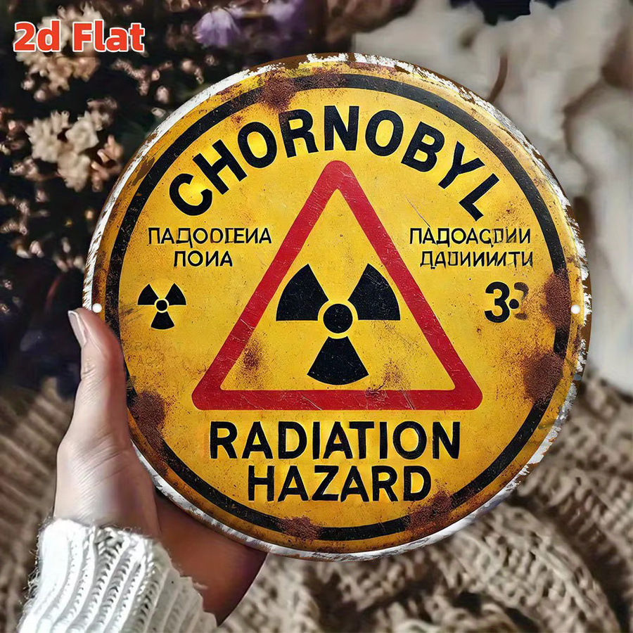 Potdemiel Warnschild Chernobyl Radiation Hazard in Gelb, rundes Metallschild mit kyrillischem und englischem Text, Durchmesser: 20 cm - Bild 5