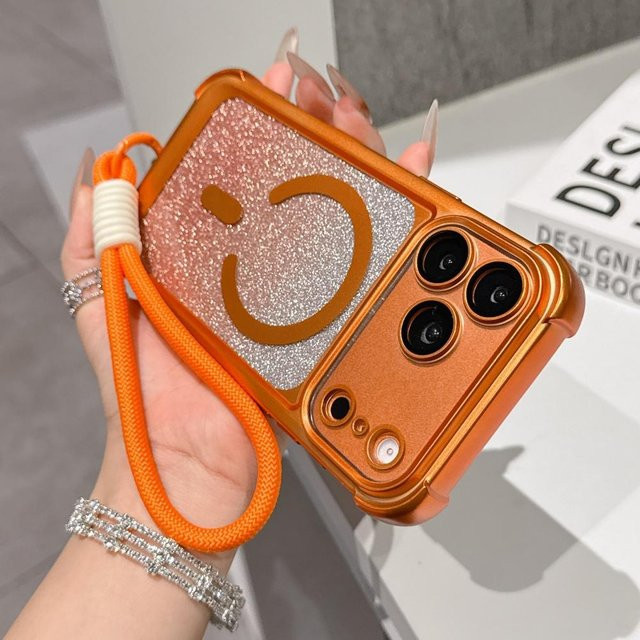 Glitzer-Armband-Hülle für iPhone 13, 14, 15, 16, 17 Pro Max mit Magnetischem Lanyard und Farbverlauf in Orange - Bild 1