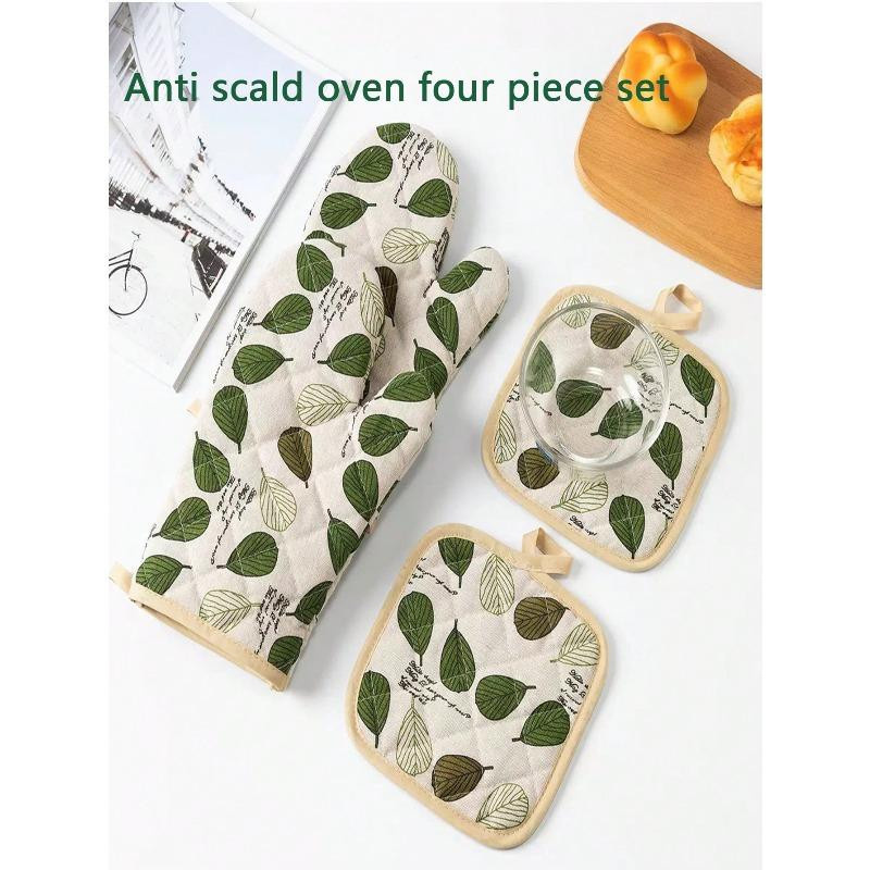 Hitzebeständiges Ofenhandschuh-Set Green Leaves mit floralem Muster, 4-teilig, Farbe: Grün - Bild 2