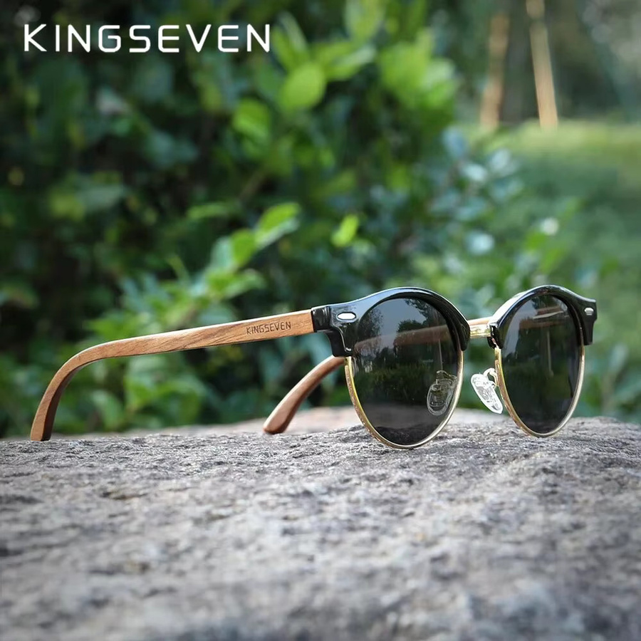 KINGSEVEN Sonnenbrille Rund, Holz, Vollrand, braun, Unisex, polarisiert - Bild 3