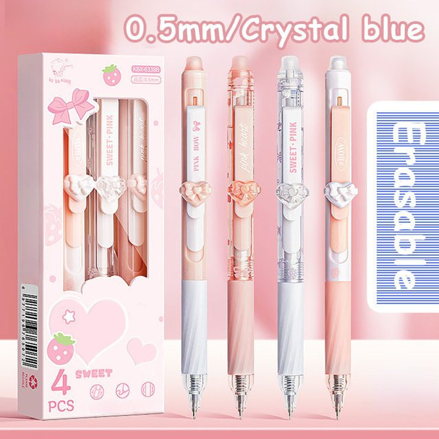 4er-Set löschbare Tintenstifte mit Schleifen- und Erdbeerdekor, 0,5 mm feine Spitze, blaue und schwarze Tinte, gelbes Design - Bild 1