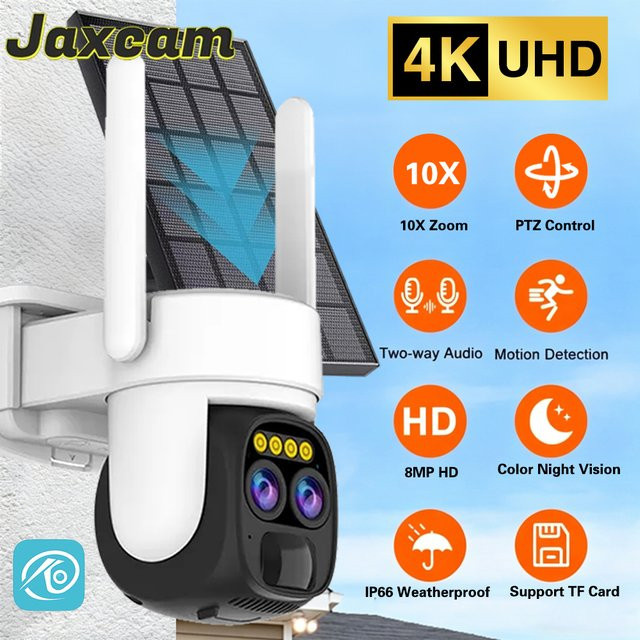 OKAM PRO 8MP Außen-Solarkamera mit 10-fach optischem Zoom, PIR-Bewegungserkennung, Farbnachtsicht und Zwei-Wege-Audio in Weiß - Bild 1