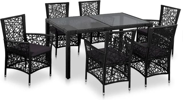 vidaXL 7-tlg Garten-Essgruppe aus Polyrattan in Schwarz und Grau mit Glastisch - Bild 1