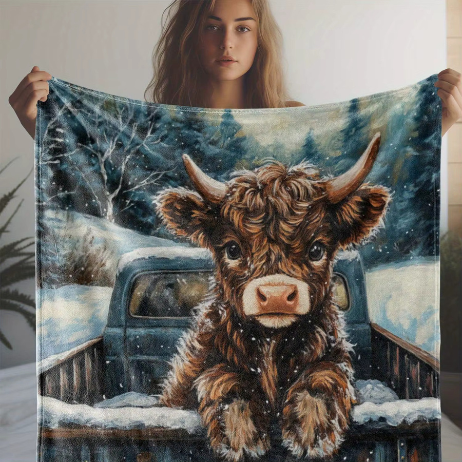 VIKAMA Kuschelige Flanell-Kniedecke mit Kuh-Motiv in Winter-Schneeszene, Mehrfarbig - Bild 2