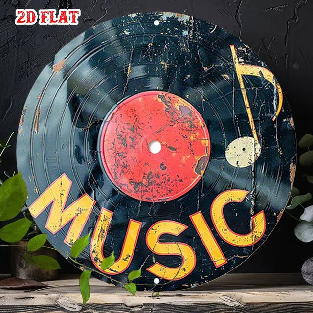 Potdemiel Metall Wanddekoration Vintage Vinyl Schallplatte im Retro-Stil mit Musiknoten und Soundwave, Schwarz, Gold und Rot - Bild 1