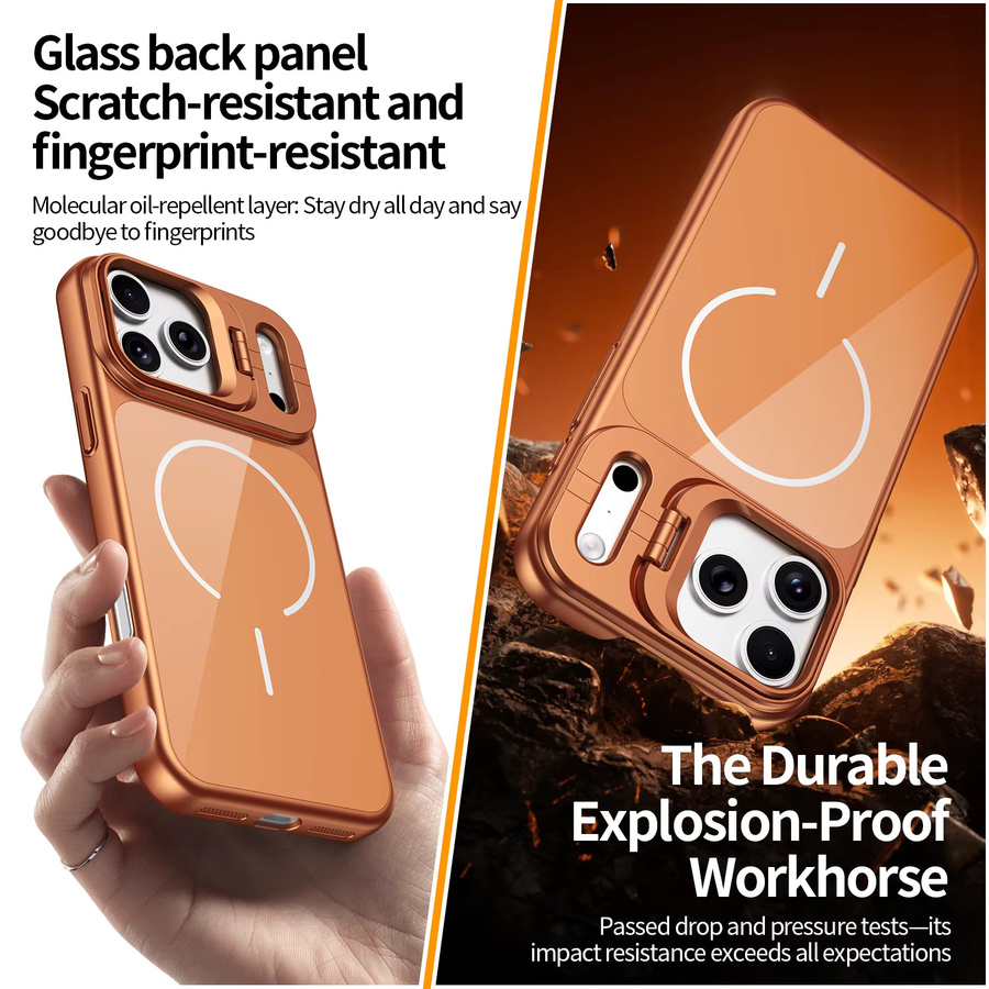 MagSafe Magnetische Kameraschutz-Handyhülle mit Ständer für iPhone 17 16 15 14 13 Pro Max in Orange mit stoßfester Glasrückseite - Bild 3