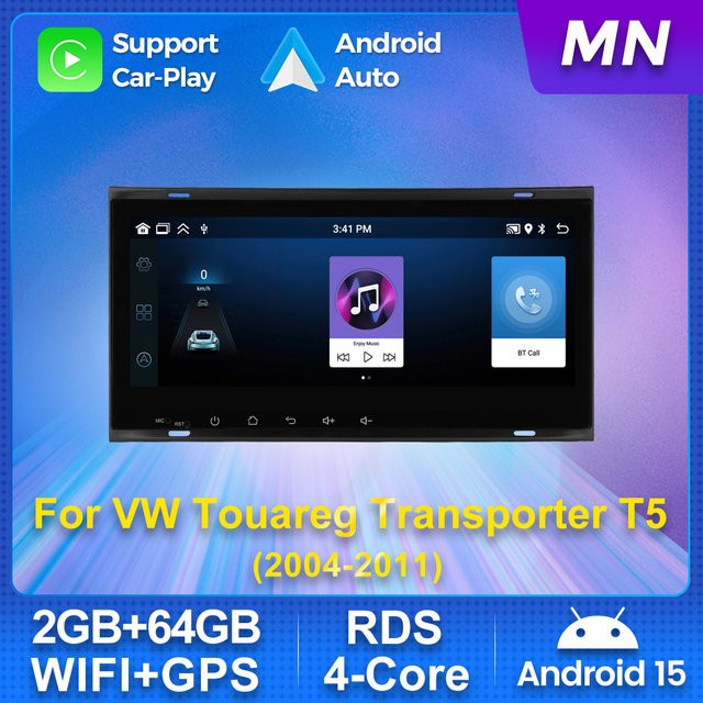 STRONGNAVI Android 15 Autoradio für VW Touareg und Transporter T5 (2004-2011) mit GPS Navigation, Carplay und Android Auto, Schwarz - Bild 1