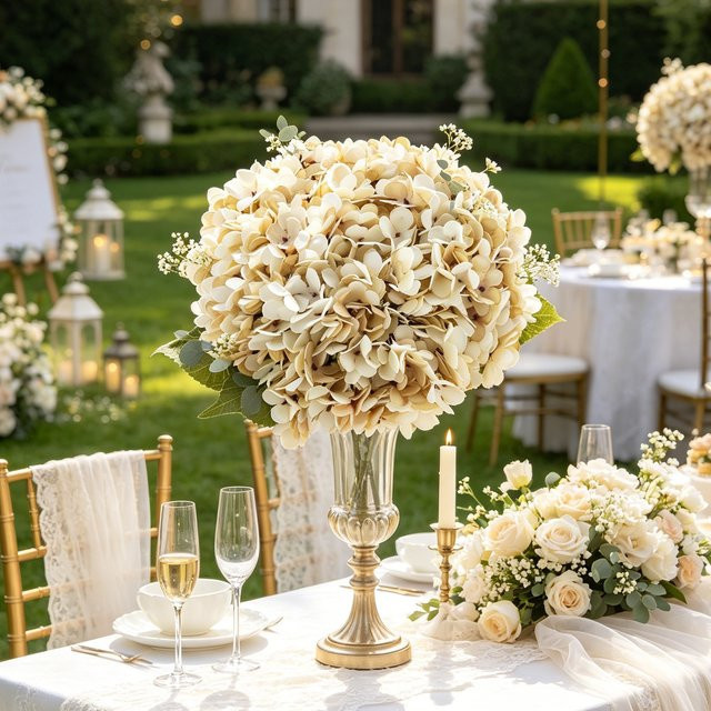 TTCY Künstliche Hortensien in Weiß und Braun als florale Textildekoration für Hochzeiten und Heimdekoration - Bild 1