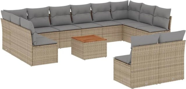 vidaXL 13-tlg. Garten-Sofagarnitur in L-Form aus Polyrattan mit Kissen und Tisch, Beige - Bild 1