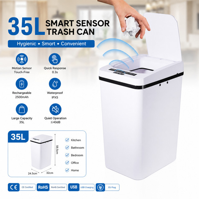 Avehrit Intelligenter Sensor-Mülleimer mit Bewegungssensor, Automatischer berührungsloser Abfalleimer, Wiederaufladbar und Wasserdicht, Weiß, 35 l - Bild 1