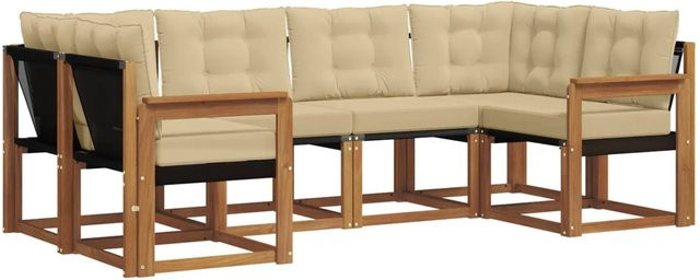 vidaXL Outdoor-Sofagarnitur 6-teilig aus Akazienholz und Textilene in Natur und Beige mit UV-beständigen Kissen - Bild 1