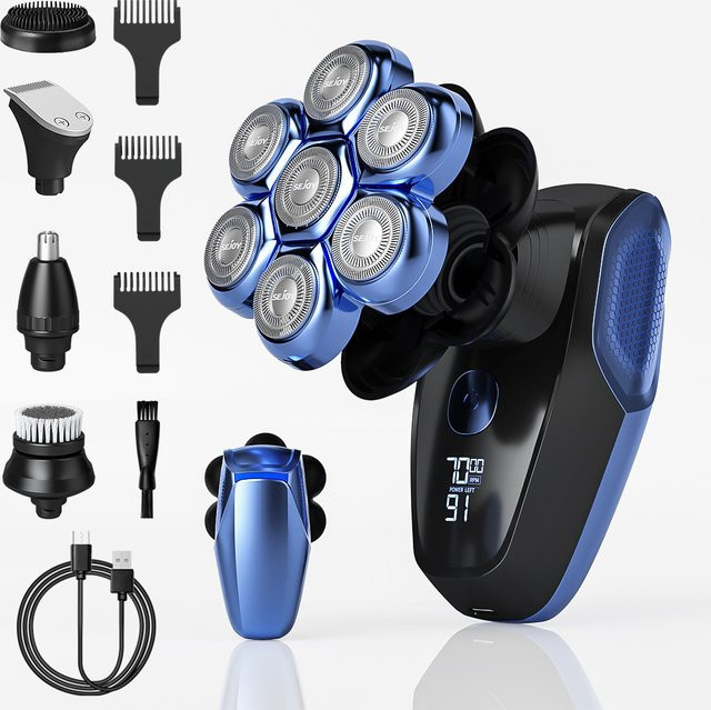 Sejoy 6-in-1 Elektrischer Kopfrasierer mit Nasenhaartrimmer, Herren, Blau - Bild 1