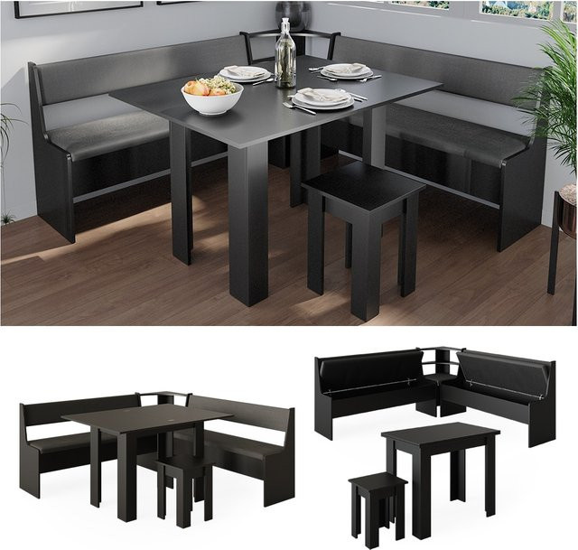 Vicco Eckbankgruppe Roman modern in Schwarz mit ausklappbarem Tisch und Sitzbank - Bild 1