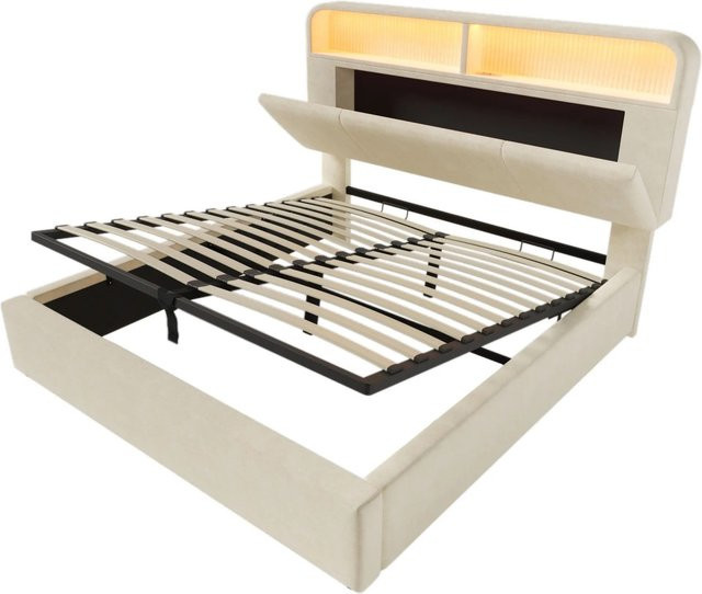 okwish Polsterbett Beige mit USB-C Ladestation, Leselicht und Bettablage inklusive Matratze, B/T/H: 140 x 200 x 145 cm - Bild 1