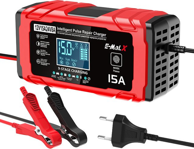 WAPUNO Intelligentes Autobatterie-Ladegerät 12V 24V 15A 8A Schnellladegerät mit Pulsreparatur für AGM GEL WET Blei-Säure Batterien in Rot - Bild 1