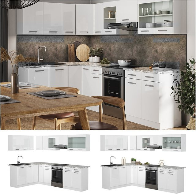 Vicco Eckküche Rick Einbauküche in Weiß Hochglanz mit Marmor-Arbeitsplatte, B/T/H: 270 x 224,51 x 82 cm - Bild 1