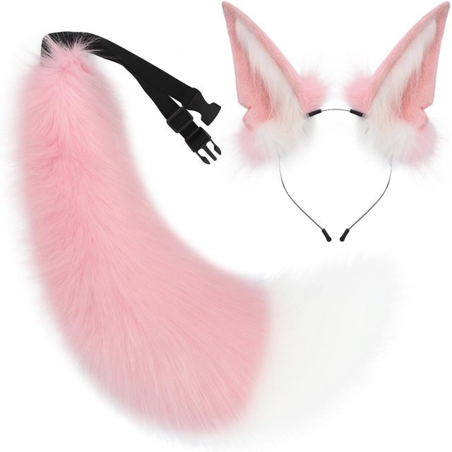 YIRAN Fuchs Ohren Stirnband und Wolf Schwanz, 2-teiliges Set, Rosa, Plüsch - Bild 1