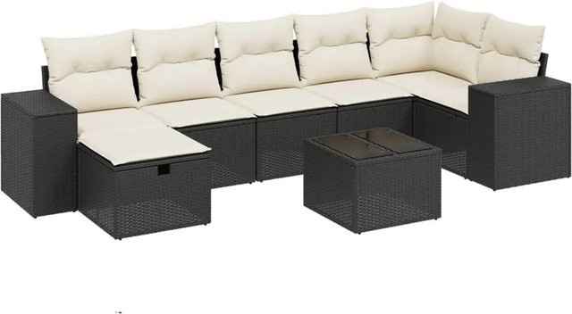 vidaXL 8-tlg Garten-Sofagarnitur in L-Form mit Kissen und Couchtisch, Schwarz, Poly Rattan und Metall - Bild 1