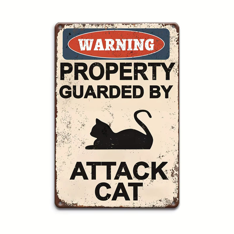 HELLOYOUNG Warnschild Angriffs Katze Vintage Wandplakette aus Metall in Weiß für die Außenwand - Bild 4