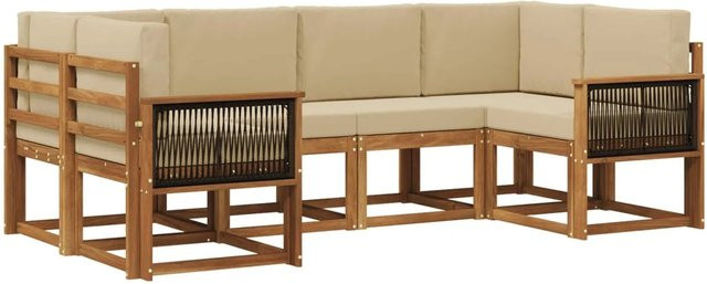 vidaXL Outdoor-Sofagarnitur aus Massivholz Akazie in Natur und Beige, 6-teiliges L-Shape Set mit Sitzkissen und Rückenpolstern - Bild 1