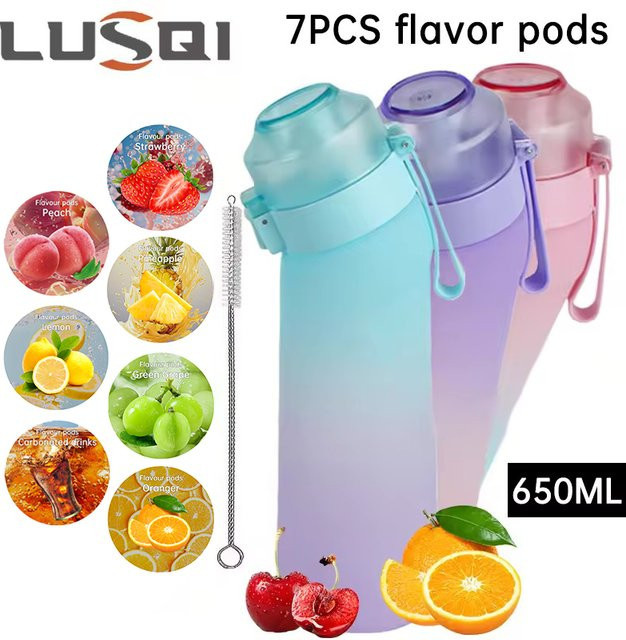 LUSQI Wasserflasche mit Farbverlauf in Pink und Multicolour, 650 ml, mattiertes Design mit 7 Geschmacksringen und Reinigungsbürste für Strohhalm - Bild 1