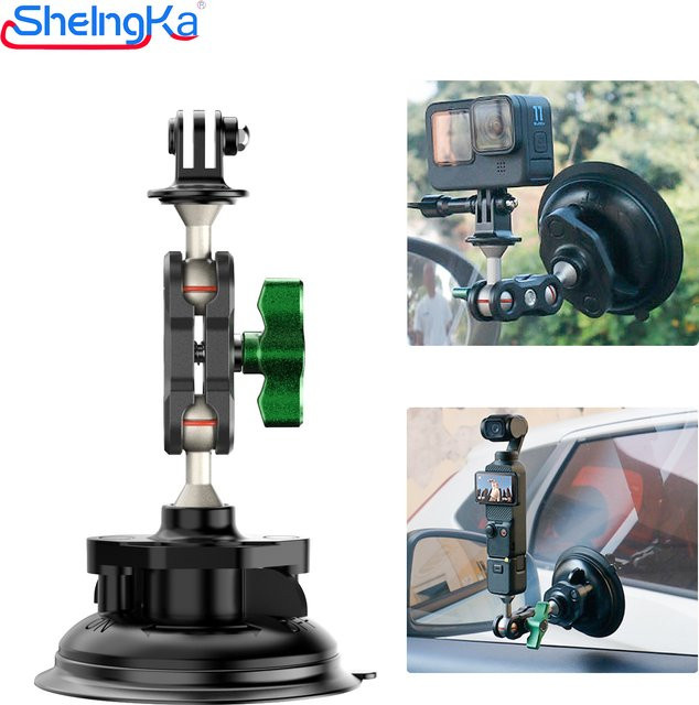 Sheingka Auto-Handy-Sportkamera-Halterung mit manueller Pumpe und Saugnapf, 360 Grad verstellbar, Schwarz, inklusive 1/4 Zoll Erweiterungsport, kompatibel mit GoPro, Insta360 und DJI - Bild 1