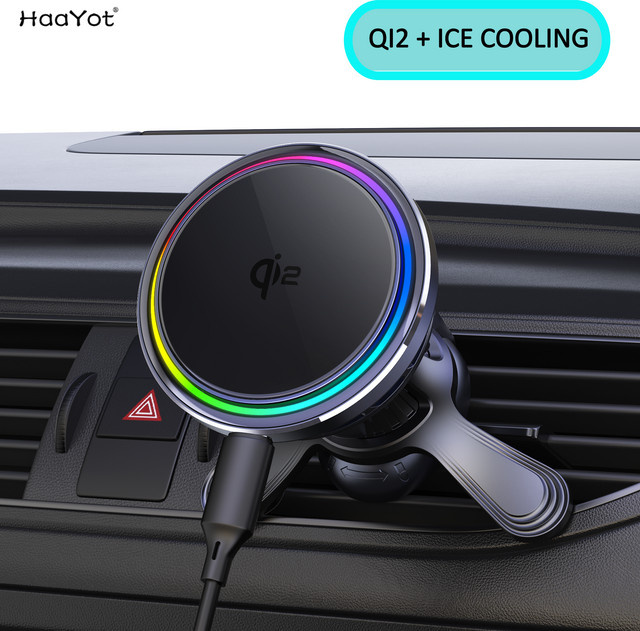 HaaYot Magnetisches kabelloses Autoladegerät mit QI2 Eiskühlung und RGB-Schnellladefunktion für MagSafe iPhone, Schwarz - Bild 1