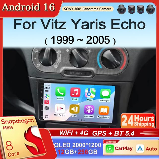 TIEYEZ Android 16 Multimedia-Radio für Toyota Vitz Yaris Echo 1999 - 2005 mit Carplay, Android Auto und Rückfahrkamera Unterstützung, Schwarz - Bild 1