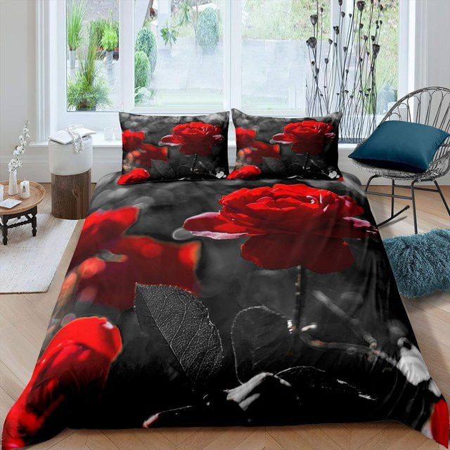 Bettwäsche-Set Your Warm Home mit rotem Rosenblüten-Print, bestehend aus Bettdeckenbezug und Kissenbezügen, B/H: 240 x 220 cm - Bild 1