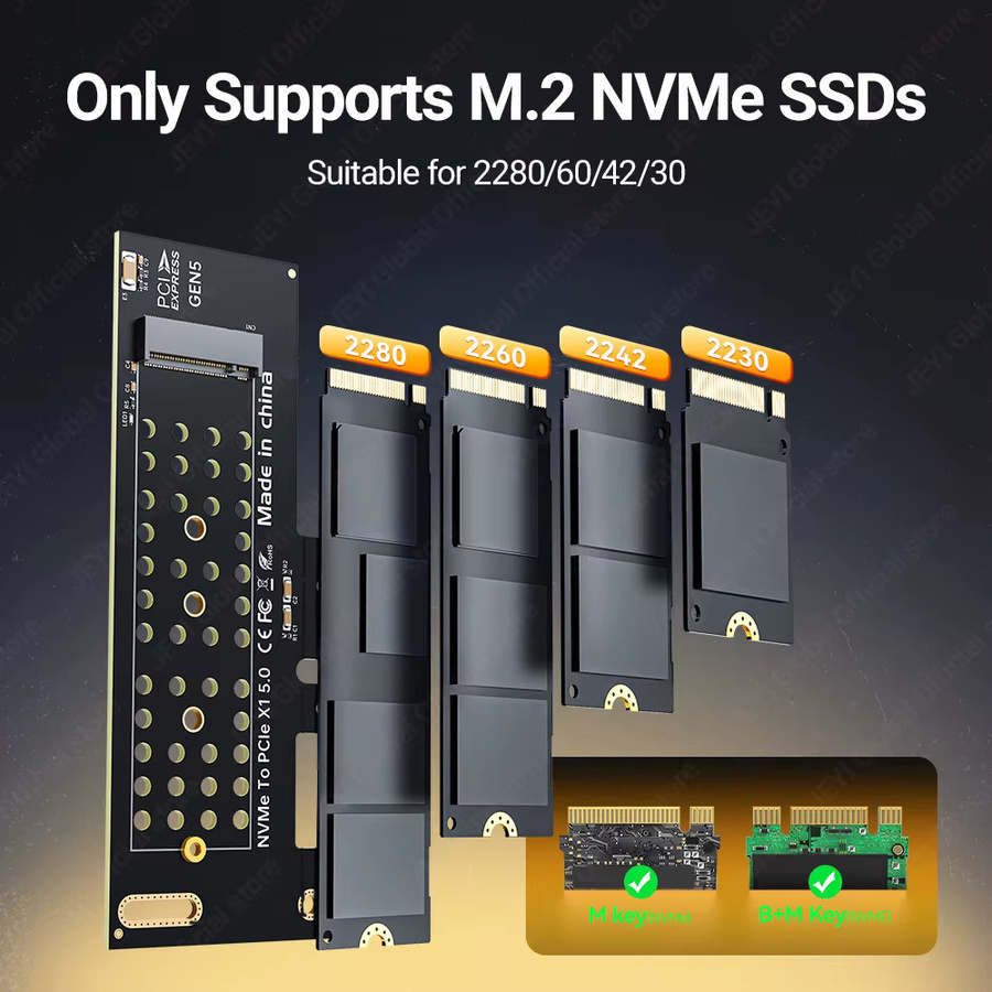 JEYI PCIe 5.0 X1 zu M.2 NVMe Adapter in Schwarz mit 32 Gbit/s Geschwindigkeit und PCB-Kühlung für 2280/60/42/30 SSDs - Bild 3