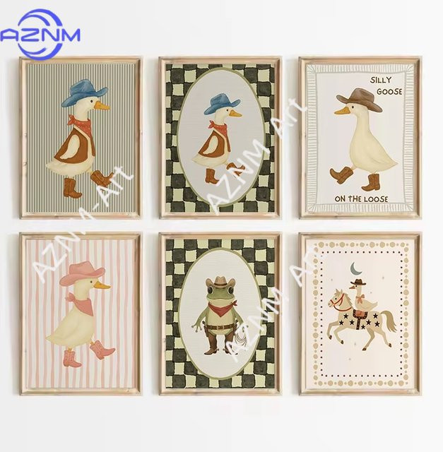 AZNM Vintage Cowboy Silly Goose Western Ente Wandkunst Leinwandgemälde Multicolour - Bild 1