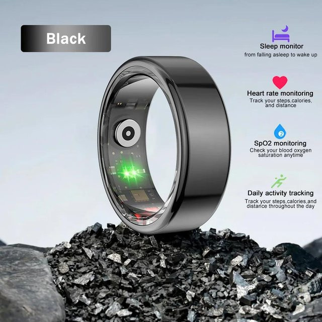 GLOBUS Smart-Ring Schwarz mit Gesundheitsüberwachung, 5ATM Wasserdicht und 100+ Sportmodi für Männer und Frauen - Bild 1