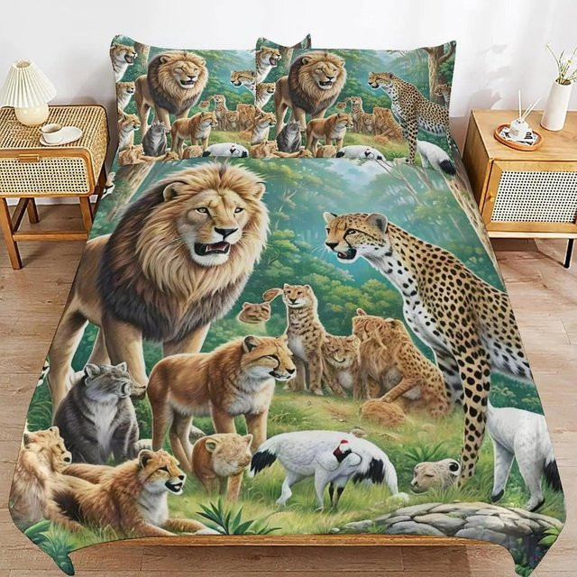 Wildtier Bettwäsche-Set mit Löwen- und Tiger-Motiv aus atmungsaktiver Mikrofaser, 3-teilig, Multicolor, B/H: 140 x 200 cm - Bild 1