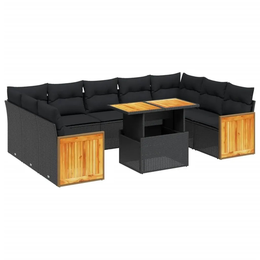 vidaXL 10-teilige Garten-Sofagarnitur mit Kissen aus Poly-Rattan und Akazienholz in Schwarz - Bild 2