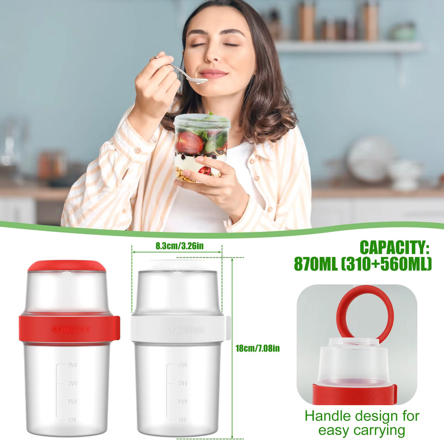 Willstar 2er-Pack Frühstücksbecher für unterwegs, doppellagige Joghurtbecher aus Kunststoff, auslaufsicher und wiederverwendbar, Farben: Rot und Weiß, B/T/H: 18,0 x 8,3 x 2,0 cm - Bild 3