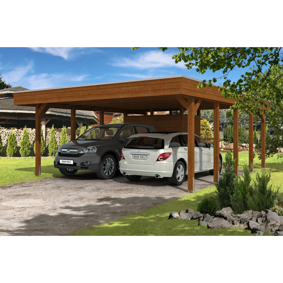 Skan Holz Carport Friesland Set 4 in Nussbaum Braun mit flacher Dachform und Abstellraum, Breite: 557 cm, Tiefe: 708 cm, Höhe: 254 cm - Bild 2