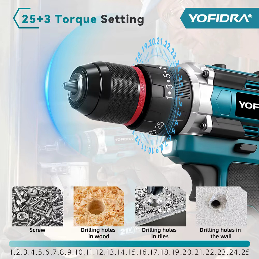 YOFIDRA 3in1 Akku-Schlagbohrmaschine und Drehmoment-Schrauber Set mit 25+3 Stufen, kompatibel mit Makita 21V Akkus - Bild 3